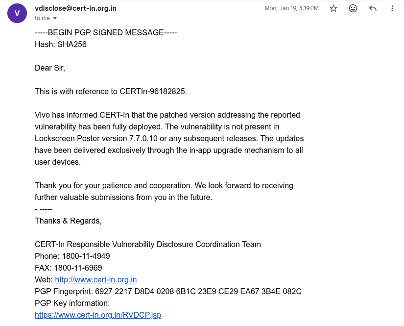 Email from CERT-In dated Jan 19, 2026, confirming Vivo deployed the fix in Lockscreen Poster v7.7.0.10 and later versions