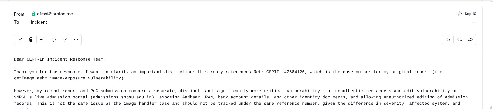Reply to CERT-In clarifying this is a separate, more severe vulnerability and requesting a distinct reference number