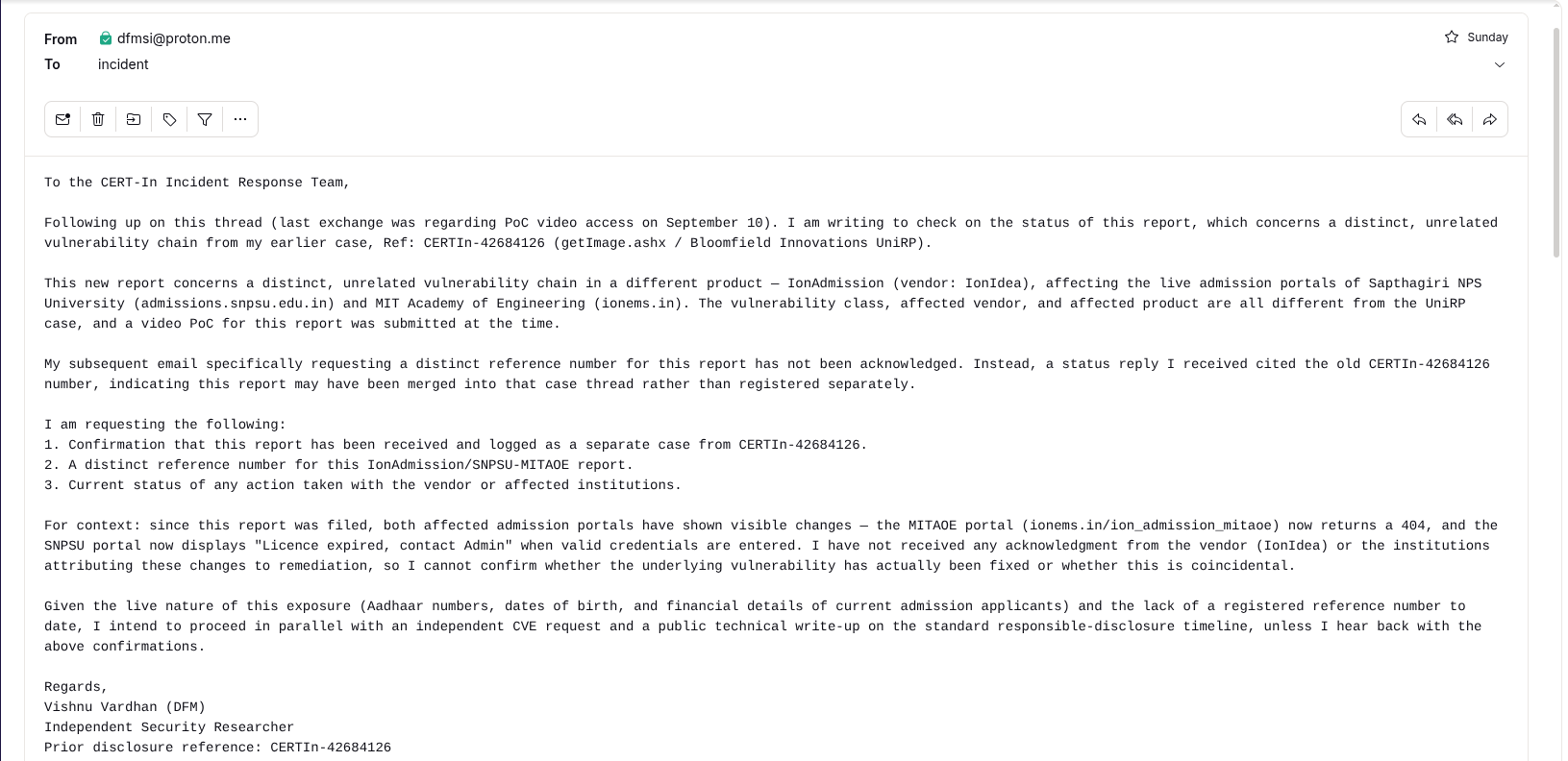 Follow-up to CERT-In requesting status and a distinct case reference, still unanswered