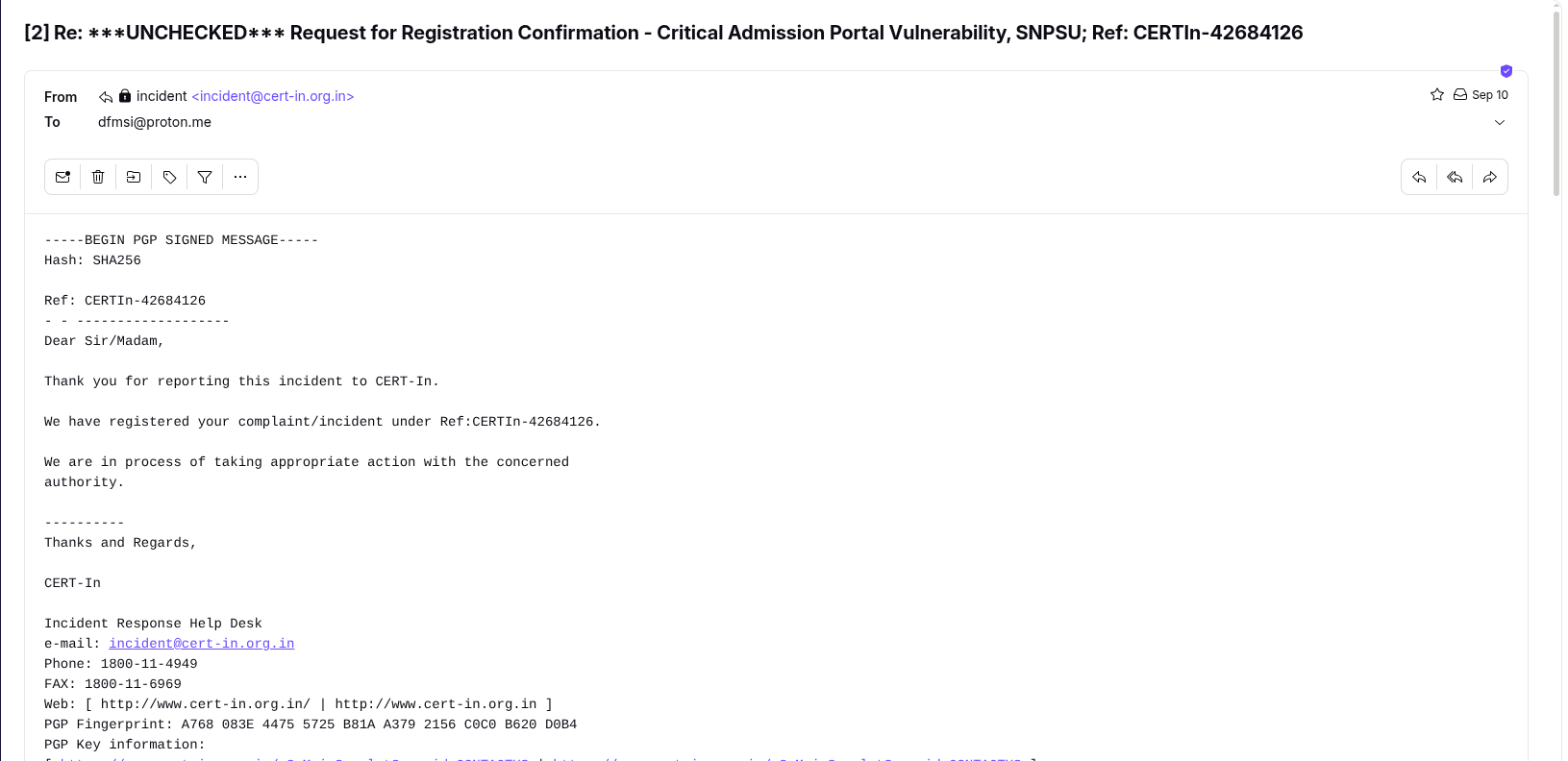 CERT-In reply citing the old reference number CERTIn-42684126 instead of registering a new case
