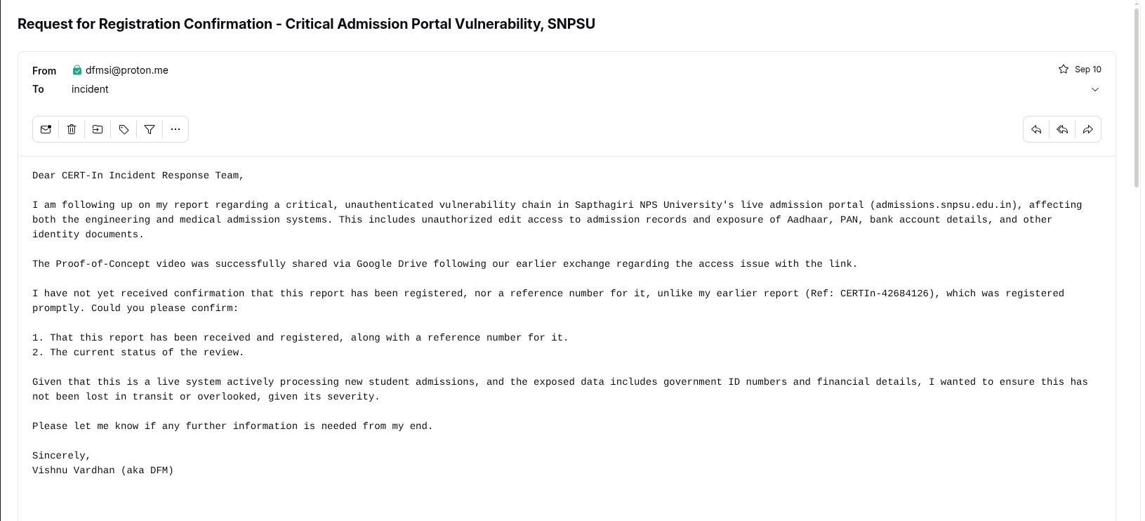 Email to CERT-In requesting confirmation that the admission-portal report was registered with its own reference number