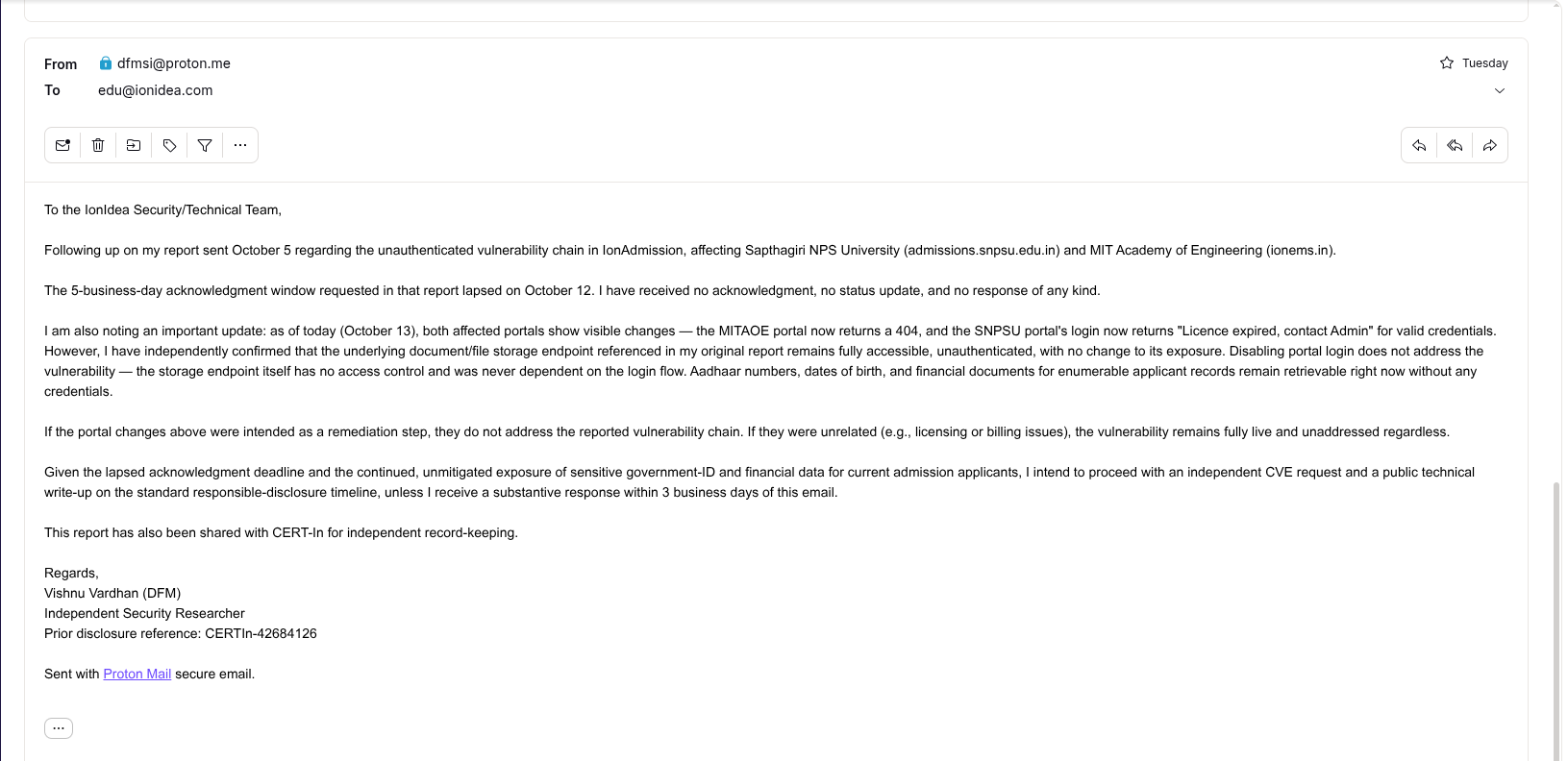Follow-up to edu@ionidea.com noting the lapsed acknowledgment deadline and that the storage endpoint remained live despite the portal lockouts