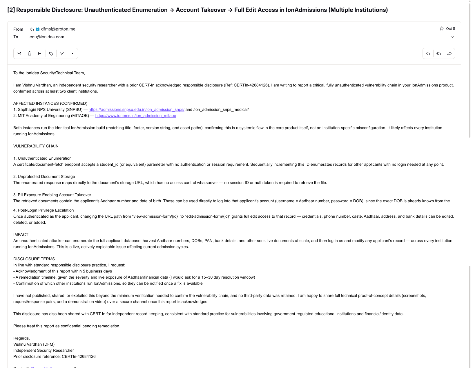 Formal report sent to edu@ionidea.com describing the vulnerability chain and disclosure terms