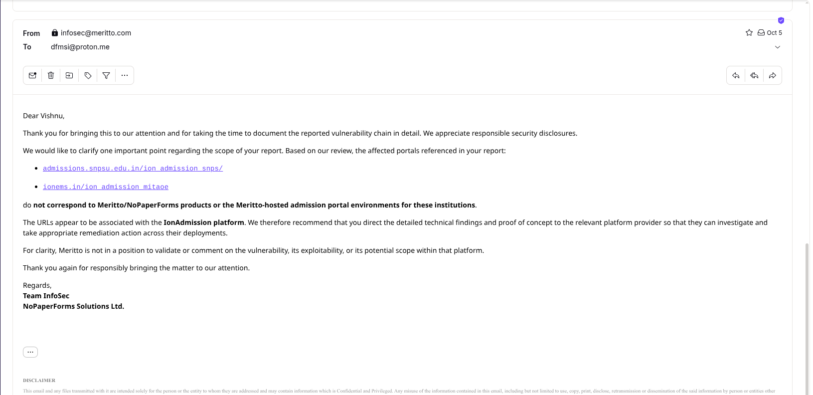 Reply from infosec@meritto.com denying ownership of the affected URLs and identifying IonAdmission as the actual platform