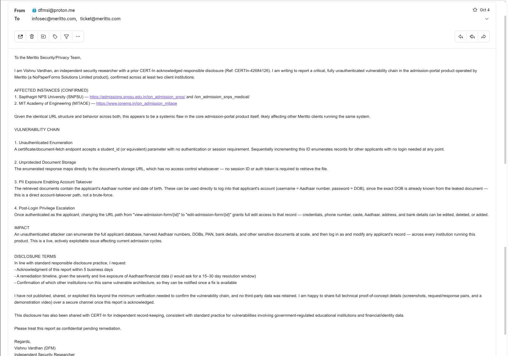 Report sent to infosec@meritto.com and ticket@meritto.com, Oct 4, 2026, describing the vulnerability chain